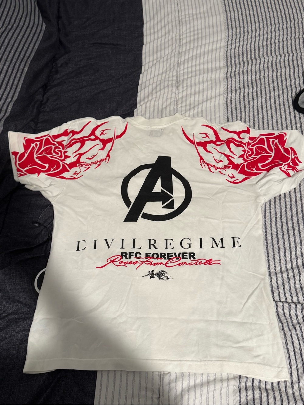 Civil Regime White Short-Sleeve Graphic Tee with Red Sleeve Art